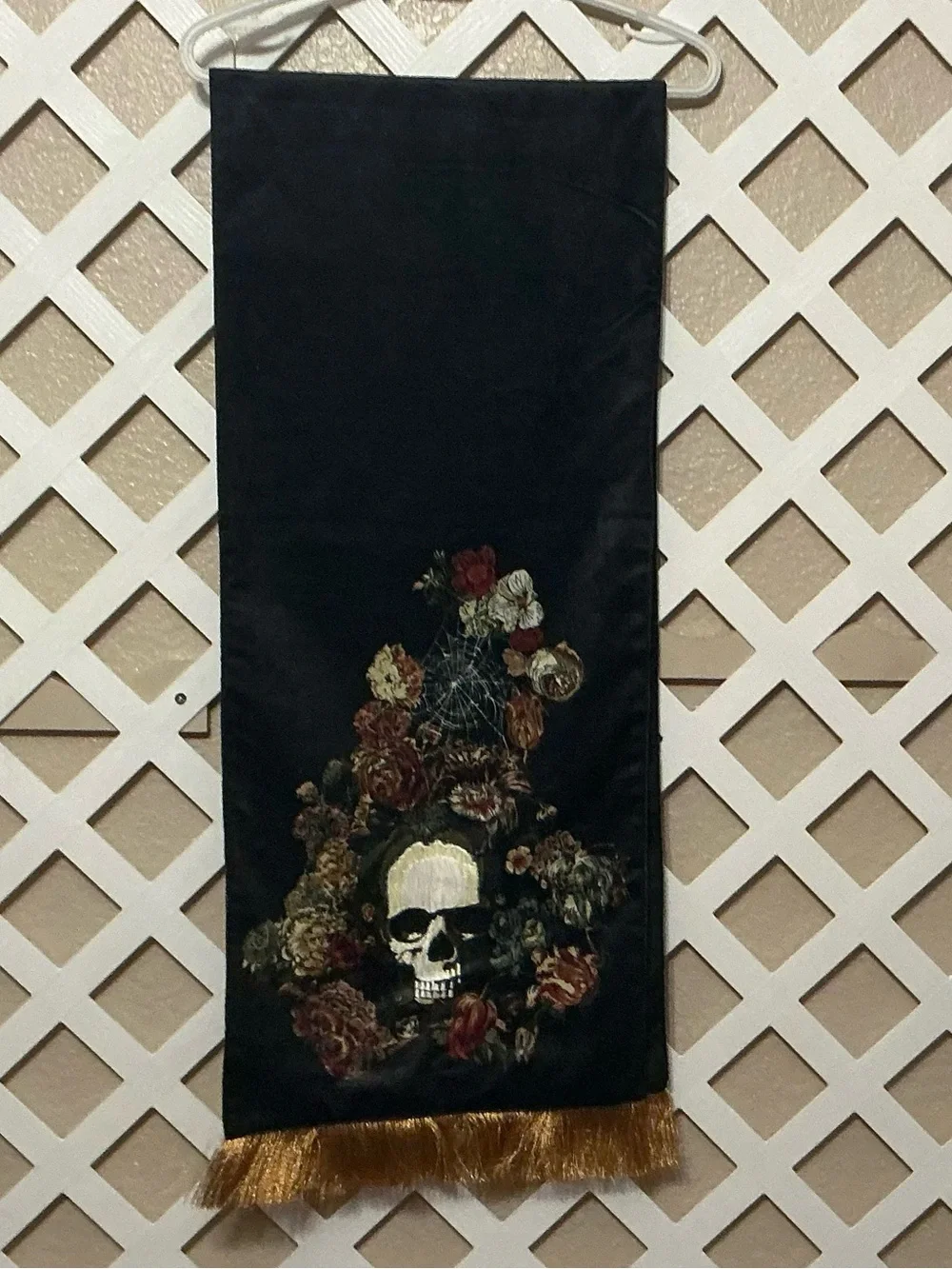 Gothic Black Skull & Floral Table Runner with Gold Fringe